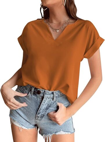Women's Casual Notched V Neck Rolled Short Sleeve Work Blouse T-Shirt Top in Saudi Arabia