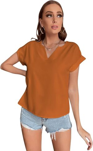 Women's Casual Notched V Neck Rolled Short Sleeve Work Blouse T-Shirt Top in Saudi Arabia