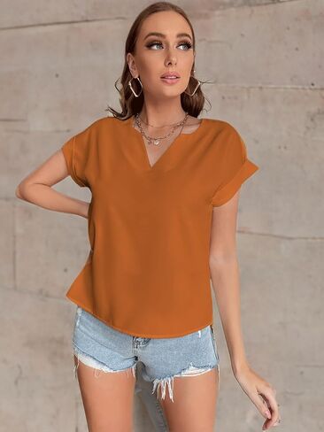 Women's Casual Notched V Neck Rolled Short Sleeve Work Blouse T-Shirt Top in Saudi Arabia