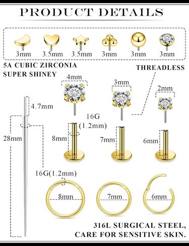 20G 18G 16G Threadless Flat Back Earrings Nose Studs 316L Surgical Steel Tragus Forward Helix Conch Cartilage Lobe Earrings Stud Medusa Labret Lip Ring Piercing Jewelry Hoops For Women Men in Saudi Arabia