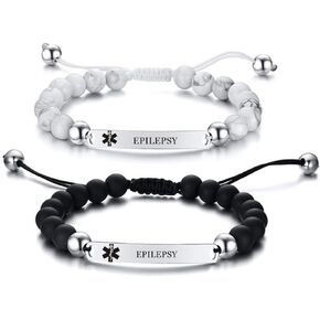 2 Pcs Medical Alert Bracelets for Men & Women Teens with Free Engraving Adjustable Stainless Steel Black White Beaded Onyx Emergency Medical ID Bracelets with Medic Wallet Insert Card