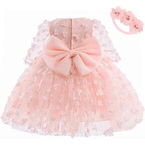 Baby Girl Bowknot Flower Dresses with Headwear Baptism Dress Infant Toddler Flower Girls Tulle Gown Wedding Birthday