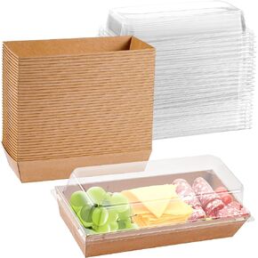 50 Pack Small Charcuterie Boxes with Clear Lids - To Go Paper Mini Treat Box, Disposable Food Containers, Dessert Boxes for Cookie, Food, Sushi, Cake Slice, Chocolate Strawberry, Donut (Brown)
