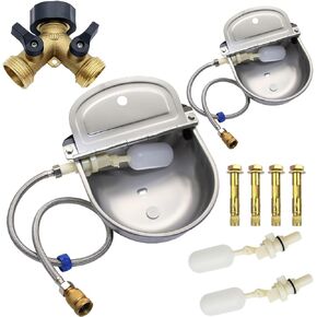 Automatic Dog Drinking Water Trough Bowl with Float Valve and Drainage Hole,304 Stainless Steel Auto Waterer Bowl Kit Included Bowl,Brass Hose Splitter, Pipe,Valve, and etc (2 Sets)