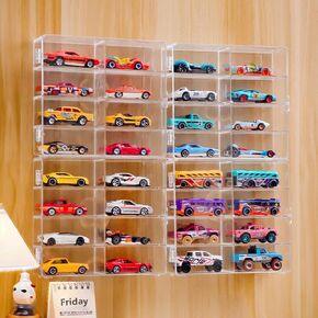 Acrylic Toy car Storage, Wall Mount Scale Matchbox Car Storage Box, 4Pcs 1:64 Display case, 32 Slots Clear Toy Cars Organizer with UV Protect Dust Cover