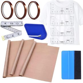 Sublimation Shirts Tool Kits - 4 T Shirt rulers, 3Pack Teflon Sheet for Heat Press 16 x 20in - 3 Rolls Heat Resistant Tape,1 Tape Measure,1Squeegee for Vinyl