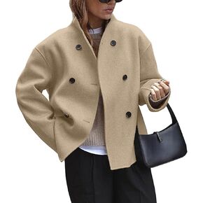 Women's Stand Collar Jacket Winter Long Sleeve Wool Blend Short Double Breasted Pea Blazer Coat Outwear