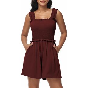 Tanou Women's Summer Casual Smocked Rompers Square Neck Sleeveless Loose Short Jumpsuit Flowy Beach Outfits with Pockets