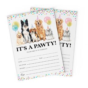 It's a Pawty Dog Puppy Paw-ty Birthday Invitation 5x7 Invitations with Envelopes, Fill Out Cards (Pack of 25)