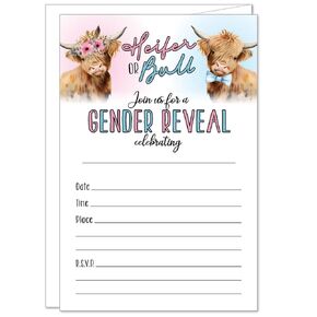 20 Highland Cow Gender Reveal Party Invitations with Envelopes - Heifer or Bull