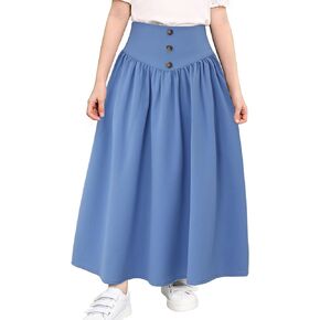 Girl Maxi Skirt Elastic High Waist A-Line Long Skirt Smocked Waistband with Drawstring and Pockets 3-12 Years