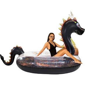 Inflatable Black Glitter Filled Dragon Gigantic Beach & Pool Raft. A Mighty Dragon Pool Float for The Beach, The Lake, or Swimming Pools.