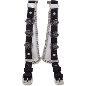 TFJ Men Women Biker Fashion Boot Bracelets Black Leather Straps Silver Metal Chains Flowers Roses
