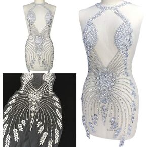 Handmade Rhinestone Beads Deep V Applique Crystal Patches for Wedding Dress