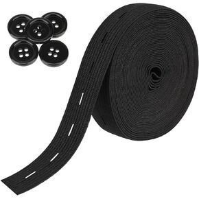 Flat Sewing Band with Buttonholes,3/4 Inch Elastic Band String Strap Cord High Elasticity Knit Fabric Bands Spool Pant Waist Tightener for Clothing,Wig,Belt,DIY Craft Sewing Supplies (Black,5.5 Yards)