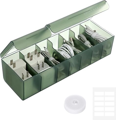 BTSKY Plastic Cable Organizer Box Charging Cable Organizer with 2 Lids 7 Compartments Cord Organizer Box with Ties & Labels, Small Desk Electronic Accessories Storage Organizer Green in Saudi Arabia