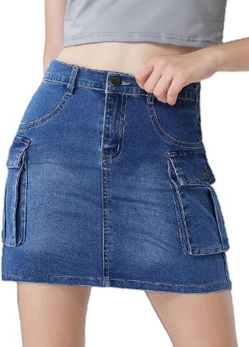 EXARUS Girls Cargo Skirt Cotton Elastic High Waist A-Line Short Mini Skirt with Pockets for School Casual 8-14Y in Kuwait