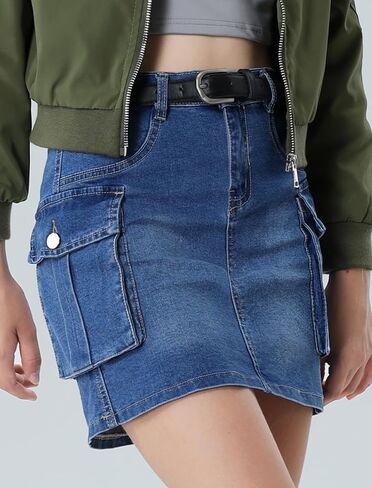 EXARUS Girls Cargo Skirt Cotton Elastic High Waist A-Line Short Mini Skirt with Pockets for School Casual 8-14Y in Kuwait