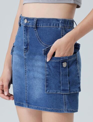 EXARUS Girls Cargo Skirt Cotton Elastic High Waist A-Line Short Mini Skirt with Pockets for School Casual 8-14Y in Kuwait