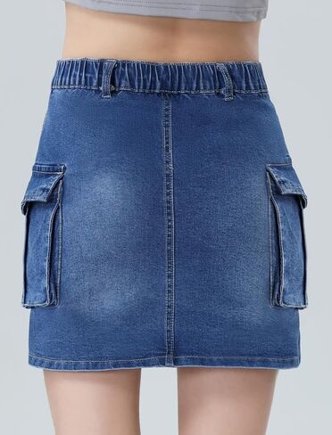 EXARUS Girls Cargo Skirt Cotton Elastic High Waist A-Line Short Mini Skirt with Pockets for School Casual 8-14Y in Kuwait