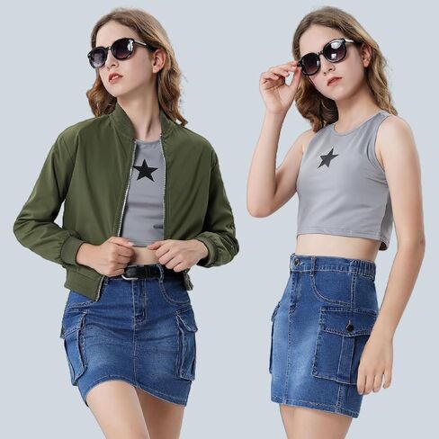 EXARUS Girls Cargo Skirt Cotton Elastic High Waist A-Line Short Mini Skirt with Pockets for School Casual 8-14Y in Kuwait