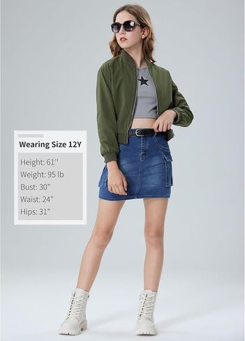 EXARUS Girls Cargo Skirt Cotton Elastic High Waist A-Line Short Mini Skirt with Pockets for School Casual 8-14Y in Kuwait