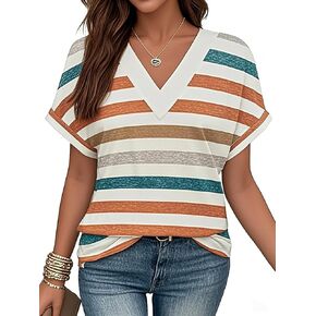 Women V Neck Short Sleeve Loose Fit Casual Blouse Womens Tops Beach Vacation in Saudi Arabia
