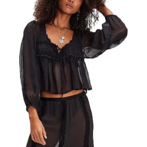 Lace Long Sleeve Tops for Women Boho Tie Front Ruffle Trim Coquette Shirts Y2k Button Flowy Peplum Blouse Going Out in Kuwait