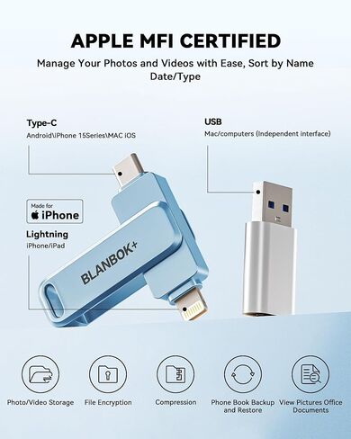 محرك أقراص فلاش سعة 128 جيجابايت معتمد من MFi لـ iPhone Photo Stick، محرك أقراص USB الإبهام، عصا ذاكرة عالية السرعة USB لتخزين الصور لجهاز iPhone USB Stick متوافق مع iPhone/iPad/Android/PC in Kuwait