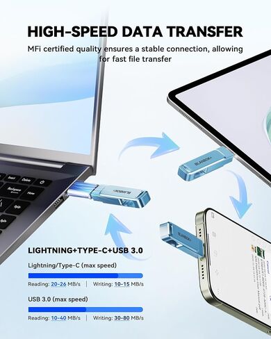 محرك أقراص فلاش سعة 128 جيجابايت معتمد من MFi لـ iPhone Photo Stick، محرك أقراص USB الإبهام، عصا ذاكرة عالية السرعة USB لتخزين الصور لجهاز iPhone USB Stick متوافق مع iPhone/iPad/Android/PC in Kuwait