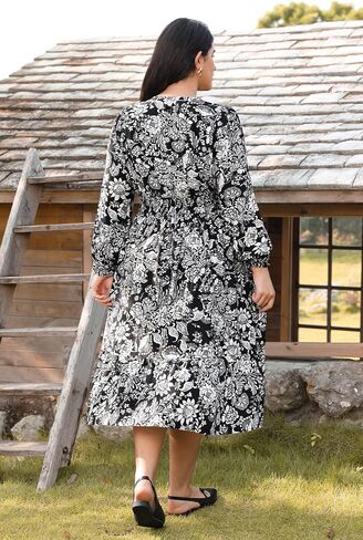 CARCOS المرأة حجم كبير بوهو الأزهار الخريف فستان طويل الأكمام الخامس الرقبة الزفاف ضيف كوكتيل حفلة فلوي ميدي فستان XL-5XL in Saudi Arabia