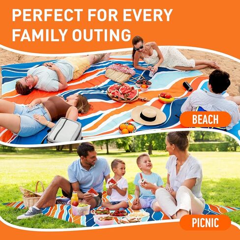 Everlasting Comfort Beach Blanket Waterproof Sandproof - Large Oversized Beach Mat for 10 People w/Stakes, Storage Bag - Beach Accessories for Family, Picnic, Concert, Travel in Kuwait