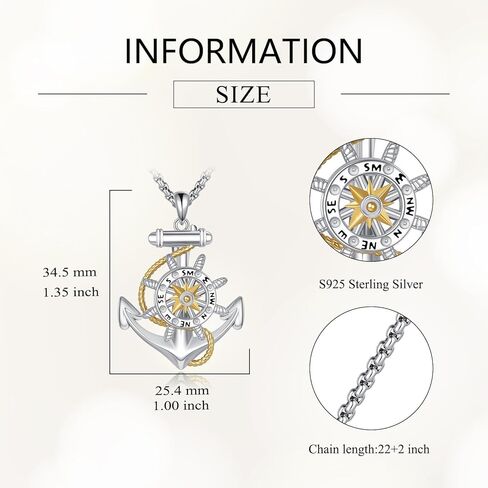مرساة قلادة مع البوصلة الدوارة S925 فضة مرساة القلائد للرجال بحري مجوهرات هدايا للرجال النساء in Kuwait