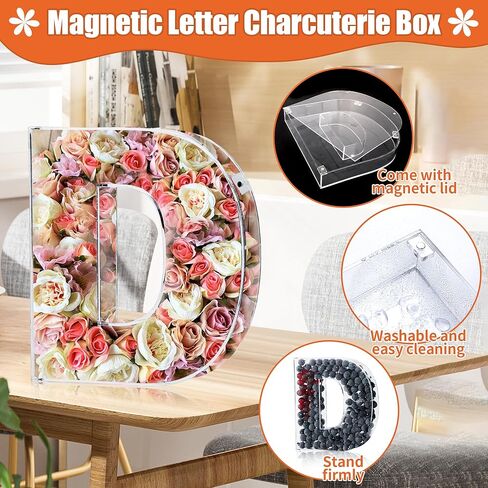 Magnetic Acrylic Letter D Charcuterie Box with Lid, 10" Reusable Acrylic Fillable Letter Charcuterie Tray Alphabet Form Plate for Birthday Party Decorative Anniversaries Display Fruit Cake(Letter D) in Kuwait