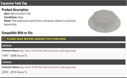 Radiator Coolant Overflow Tank Reservoir Cap - Compatible with 1997-2014 Acura TL in Saudi Arabia