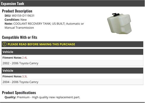 Radiator Coolant Overflow Expansion Tank - Compatible with 2002-2006 Toyota Camry (Built is USA) in Saudi Arabia