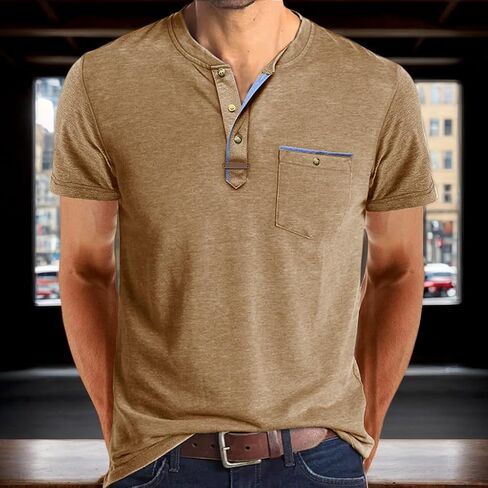 Mens Henley Shirts Short Sleeve Button Cotton T-Shirt with Pocket in Saudi Arabia