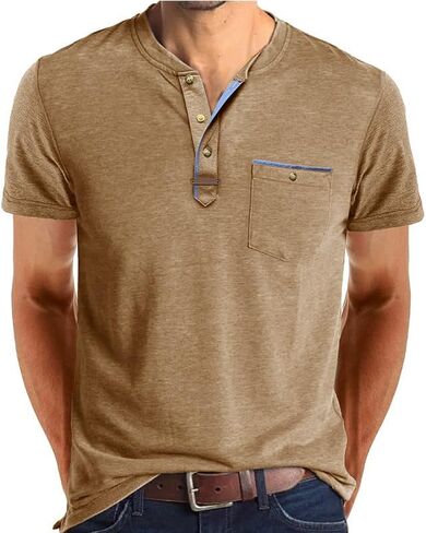Mens Henley Shirts Short Sleeve Button Cotton T-Shirt with Pocket in Saudi Arabia
