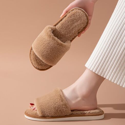 Womens Fuzzy Open Toe House Slippers Indoor Cotton Bedroom Slippers Slides for Women, Cozy Soft Fluffy Slides in Saudi Arabia