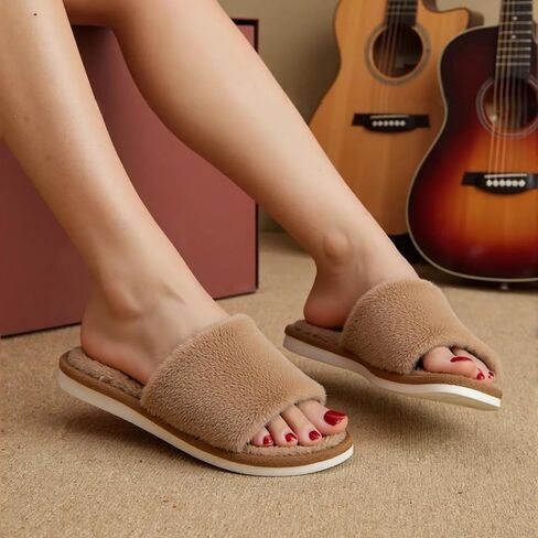 Womens Fuzzy Open Toe House Slippers Indoor Cotton Bedroom Slippers Slides for Women, Cozy Soft Fluffy Slides in Saudi Arabia
