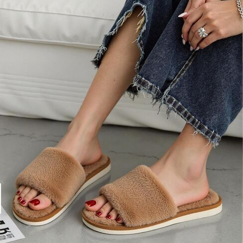 Womens Fuzzy Open Toe House Slippers Indoor Cotton Bedroom Slippers Slides for Women, Cozy Soft Fluffy Slides in Saudi Arabia