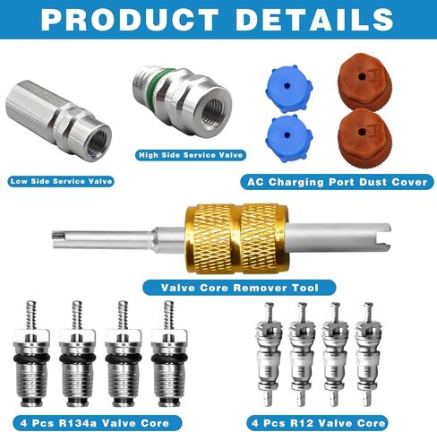 17 Pcs Air Conditioning Valve Core Kit, R12 To R134a Conversion Kit R134a Valve Core A/C Refrigeration System, AC Valve Kit AC Valve Core Removal Tool AC Service Port Seal Cap Valve Kit in Saudi Arabia
