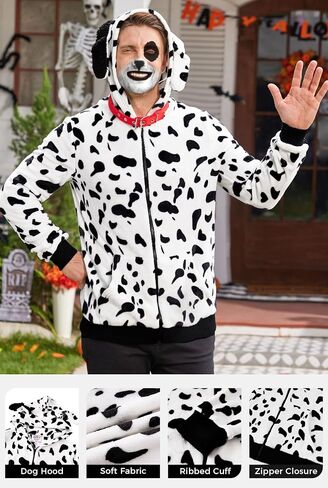 Arvilhill 4 Pcs Men's Halloween Dalmatian Costume Hoodie Makeup Collar Leash Full Set Outfits (S-3XL) in Saudi Arabia