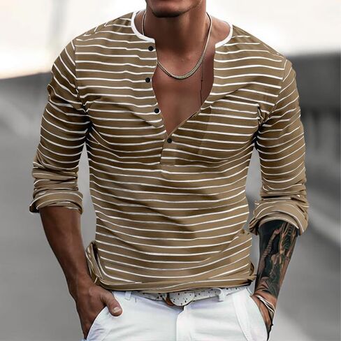 Men's Striped T-Shirt Henley Classic Fit Shirts Long Sleeves Basic Sweatshirt Fashion Casual Versatile Base Tops in Saudi Arabia