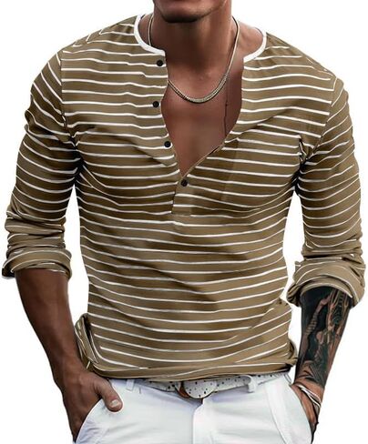 Men's Striped T-Shirt Henley Classic Fit Shirts Long Sleeves Basic Sweatshirt Fashion Casual Versatile Base Tops in Saudi Arabia