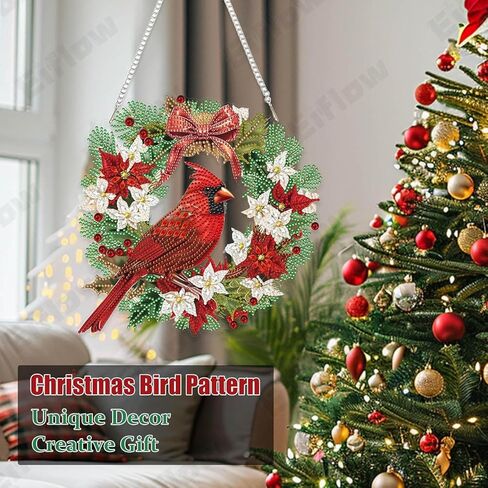 Eiflow Christmas Diamond Art Hanging Kit for Adult, DIY Acrylic Diamonds Painting Ornament Double Sided Pendant Board Kit(Cardinal Bird) in Kuwait