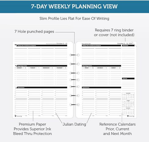 Planner Pad 7 Hole Leaf Leaf 3-Tier Downlel Down Down 12 Months ، يوليو 2025-يونيو 2026/العام الأكاديمي ، الحبر الأخضر الناعم ، 6 3/4 "× 8 1/2" in Kuwait