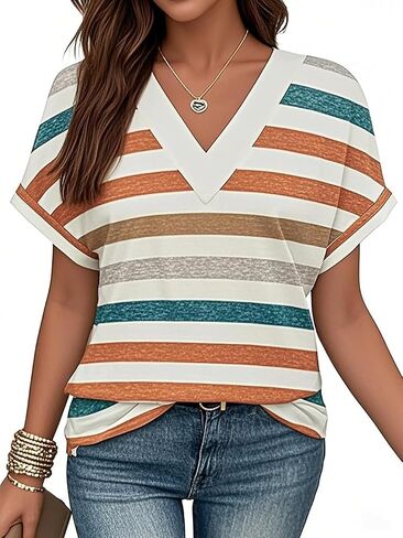 Women V Neck Short Sleeve Loose Fit Casual Blouse Womens Tops Beach Vacation in Saudi Arabia