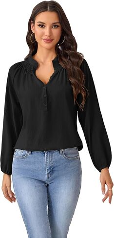 بلوزات نسائية أنيقة كاجوال برقبة على شكل حرف V وأزرار للأسفل، خالية من التجاعيد وأكمام طويلة، قمصان عمل in Kuwait