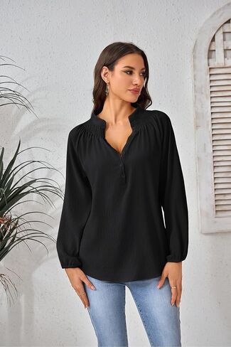 بلوزات نسائية أنيقة كاجوال برقبة على شكل حرف V وأزرار للأسفل، خالية من التجاعيد وأكمام طويلة، قمصان عمل in Kuwait